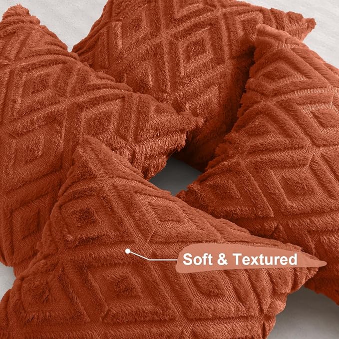 decorUhome Pack of 4 Faux Fur Fall Burnt Orange Throw Pillow Covers 16x16, Soft Decorative Couch Pillow Covers with Velvet Back for Modern Sofa Living Room, Rust