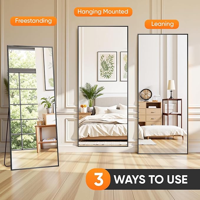 Suidia Full Length Mirror, 58"x18" Floor Standing Mirror Freestanding, Full Body Mirrors with Stand for Bedroom, Hanging Mounted for Living Room Cloakroom, Black, Rectangular Style