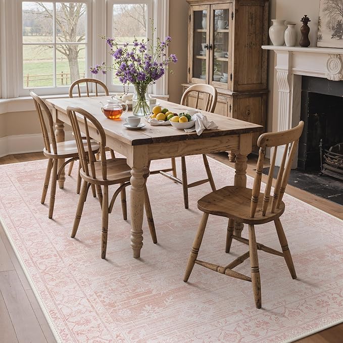 GENIMO 6x9 Area Rugs for Living Room,Machine Washable Non-Slip Vintage Rug, Low Pile Lightweight Carpet for Bedroom, Dining Room, Home Office, Stain & Fade Resistant,Pink