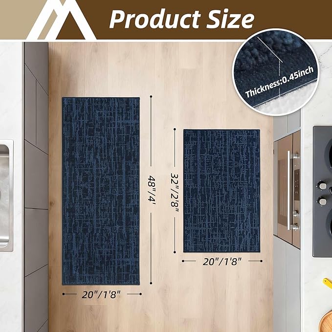 COSY HOMEER Kitchen Rugs 20"x32"+20"x48",Absorbent Soft Kitchen Mats for Floor,Non Slip Kitchen Runner Rug,Washable Kitchen Floor Mats for Sink Mat,Hallway,Laundry,Navy Blue