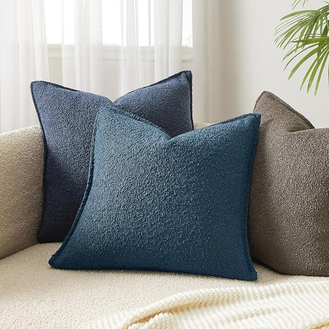 JUSPURBET Blue Decorative Pillow Covers 22x22 Set of 2 Throw Pillow Covers for Couch Sofa Bed Cozy Boucle Textured Cushion Covers Cases with Hidden Zipper for Living Room Home Decor
