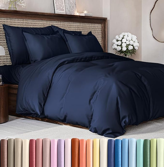 Duvet Cover Cal King Size Set - Extra Soft Cal King Size Duvet Cover 104 x 98 with 2 Pillow Shams - Hotel Luxury Easy Care and Fade Free w/Zipper Closures & Ties - Breathable Bedding Set (Navy Blue)