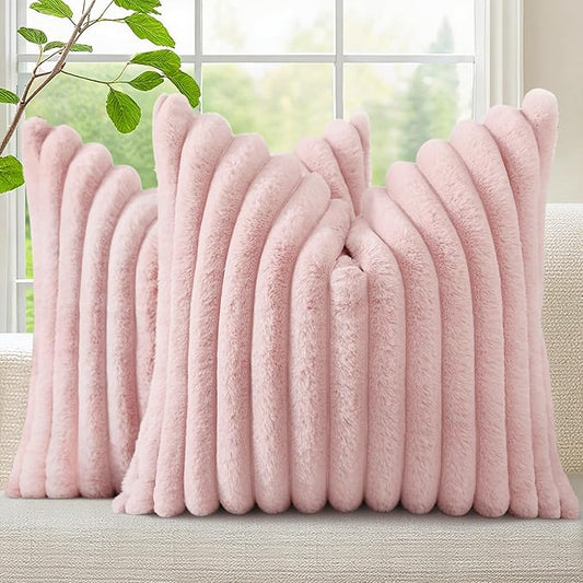 decorUhome Faux Fur Spring Throw Pillow Covers 20x20 Set of 2 Decorative Soft Plush Striped Neutral Couch Pillow Covers with Velvet Back for Sofa Bed Living Room Home Valentines, Pink
