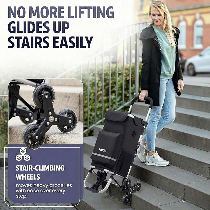 Stair Climbing Shopping Cart for Seniors, Tri-Wheel Grocery Cart for Stairs & Apartments, Foldable Utility Trolley with Insulated Cooler & Adjustable Handle, 110 lbs, Waterproof