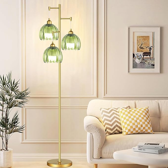 ZECOXOL Gold Floor Lamps for Living Room Bedroom-3 Light Green Glass Floor Lamp with Three Led Bulb, Rustic Tall Floor Lamp Gold Standing Lamp Tree Floor Lamps for Living Room Bedroom,Office,Corner