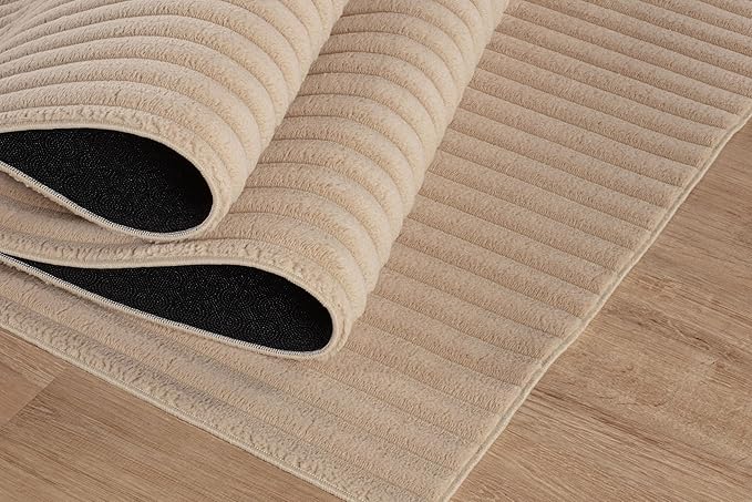 Beverly Rug Non Slip Area Rug 4 x 6 Modern Durable Ultra Soft Ribbed Indoor Rugs for Living Dining Room Office Stain Resistant Non Shedding Casual Easy Shag Indoor Carpet Beige 4x6