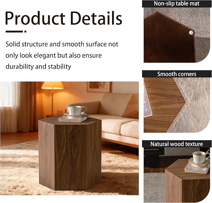 Modern Hexagonal Side Table, Walnut Wood MDF Coffee Table with Natural Texture, Non-Slip Surface, 15.7x13.8x18.9 Inches (Walnut)