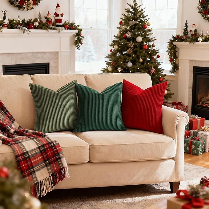 Mecatny Christmas Decorative Corduroy Throw Pillow Covers 18x18 Set of 2 for Sofa Living Room, Soft Neutral Boho Couch Pillow Covers for Home Decor, Christmas Red