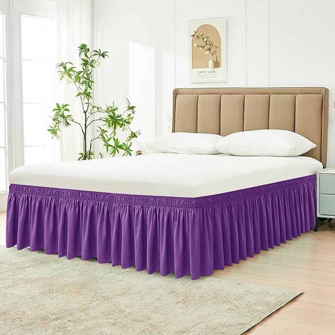 Biscaynebay Wrap Around Bed Skirts for King & Cal King Beds 15" Drop, Eggplant Adjustable Elastic Dust Ruffles Easy Fit Wrinkle & Fade Resistant Silky Luxurious Fabric Machine Washable
