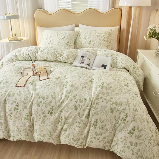 LifeTB Green Floral Duvet Cover Twin XL 3 Pieces Vintage Flower Duvet Cover 100% Cotton Coquette Bedding Comforter Cover Aesthetic Twin XL Bedding Set Botanical Comforter Cover with Zipper Closure