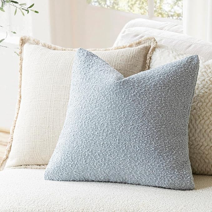 Foindtower Modern Textured Boucle Throw Pillow Covers Accent Solid Decorative Pillow Cases Cozy Woven Couch Cushion Case for Chair Sofa Bed Living Room Home Decor, 18 x 18 Inch, 1PC, Light Blue