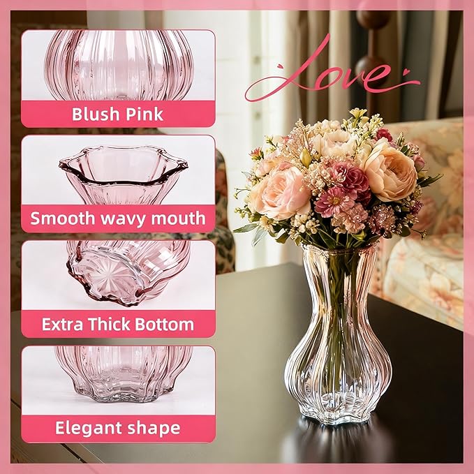 Flower Vase,Glass Vases Set of 2,Blush Clear Pink Vase 8 inch,for Home Decor,Valentains Day Decorations Indoor,Gifts,Wedding,Anniversary,Centerpieces
