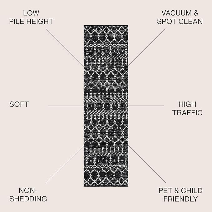 JONATHAN Y Boho Vintage Diamond Black/Ivory Runner Rug 2X14 ft, Moroccan Hype for Living Room, Bedroom, Kitchen, Office, Easy-Cleaning, High Traffic, Pet-Friendly, Non-Shedding (MOH101D-214)