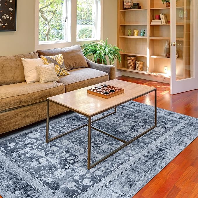 Domitapis Area Rug 5×7, Vintage Boho Rug,Ultra-Soft Low Pile, Washable, Non Slip,Stain Resistant Printed Carpet for Living Room Bedrooms Playroom Office Kitchen, Stone/Blue