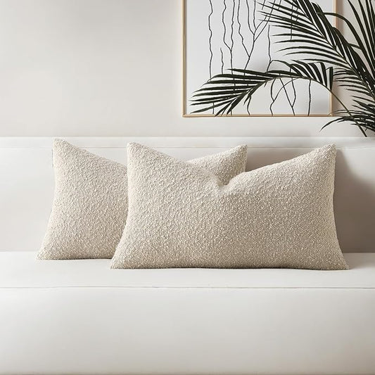 HAUSSY Set of 2 12x20 Decorative Throw Pillow Covers, Soft Cozy Textured Boucle Lumbar Pillow Cases, Home Decor for Couch Bed Living Room, Beige