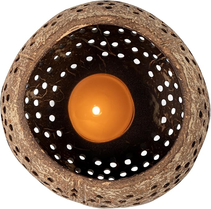 Restaurantware-Coco Casa 4 x 3.3 Inch Coconut Shell Candle Holders, 10 Reusable Tealight Holders - Candle Not Included, Dotted Pattern, Brown Coconut Bowls For Candles, Handcrafted,