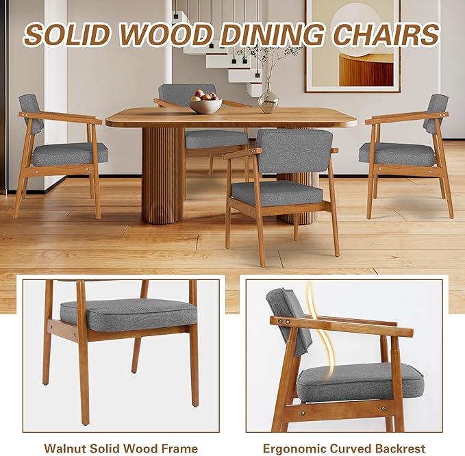 LSSPAID Mid Century Dining Chair Set of 1, Grey Fabric Upholstered with Walnut Finished Handrails Comfy Backrest, Farmhouse Dining Room Chairs for Kitchen, Living Space & Restaurant