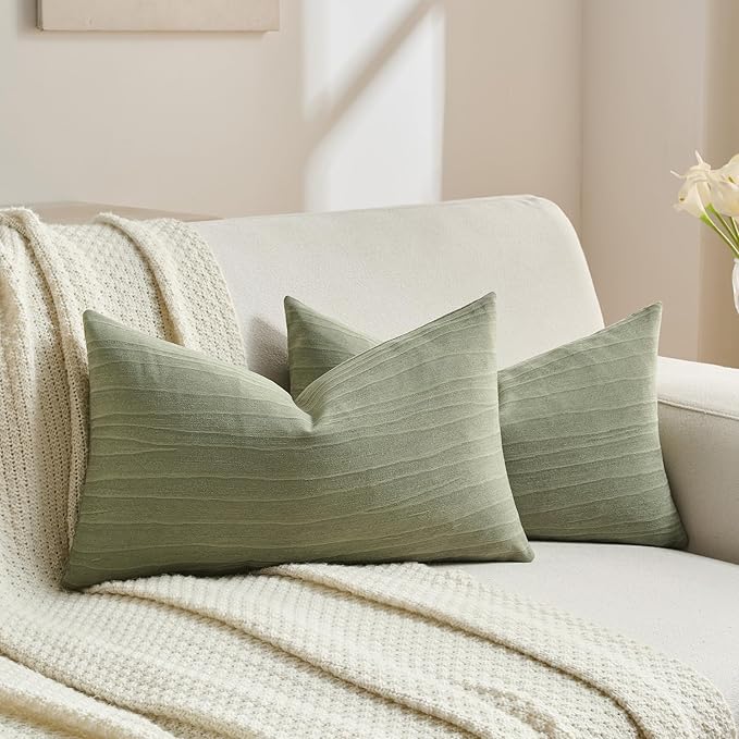 FUTEI Sage Green Chenille Decorative Throw Pillow Covers 12x20 Inch Set of 2,Soft Crushed Striped Texture Lumbar Pillow Cases,Modern Home Decor for Couch Bed Living Room
