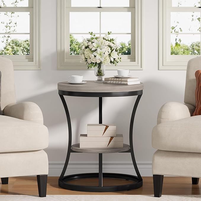 Round End Table, 2 Tier Industrial Side Table, Accent Bedside Table Nightstand with Metal Frame for Living Room, Bedroom, Small Spaces, Easy Assembly, Grey Brown & Black