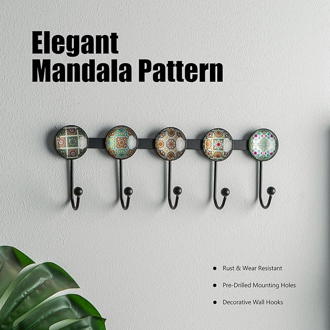 Boho Coat Rack Wall Mounted with 5 Hooks, Forest Theme Mandala Pattern Decorative Wall Hooks for Hanging Hat, Key, Towel, Purse, Bag, and Robe - for Entryway, Bathroom, and Kitche