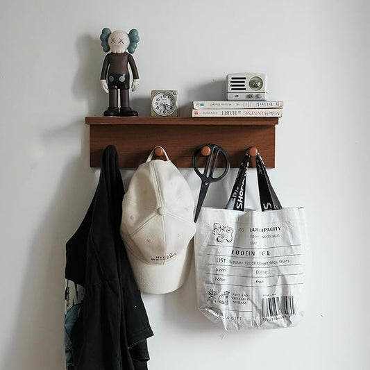 Entrance Coat Rack ，Coat Hooks, Wall-Mounted Wooden Hook Rack, Wall-Mounted Shelves are Very Suitable (Teak Colored Finish)