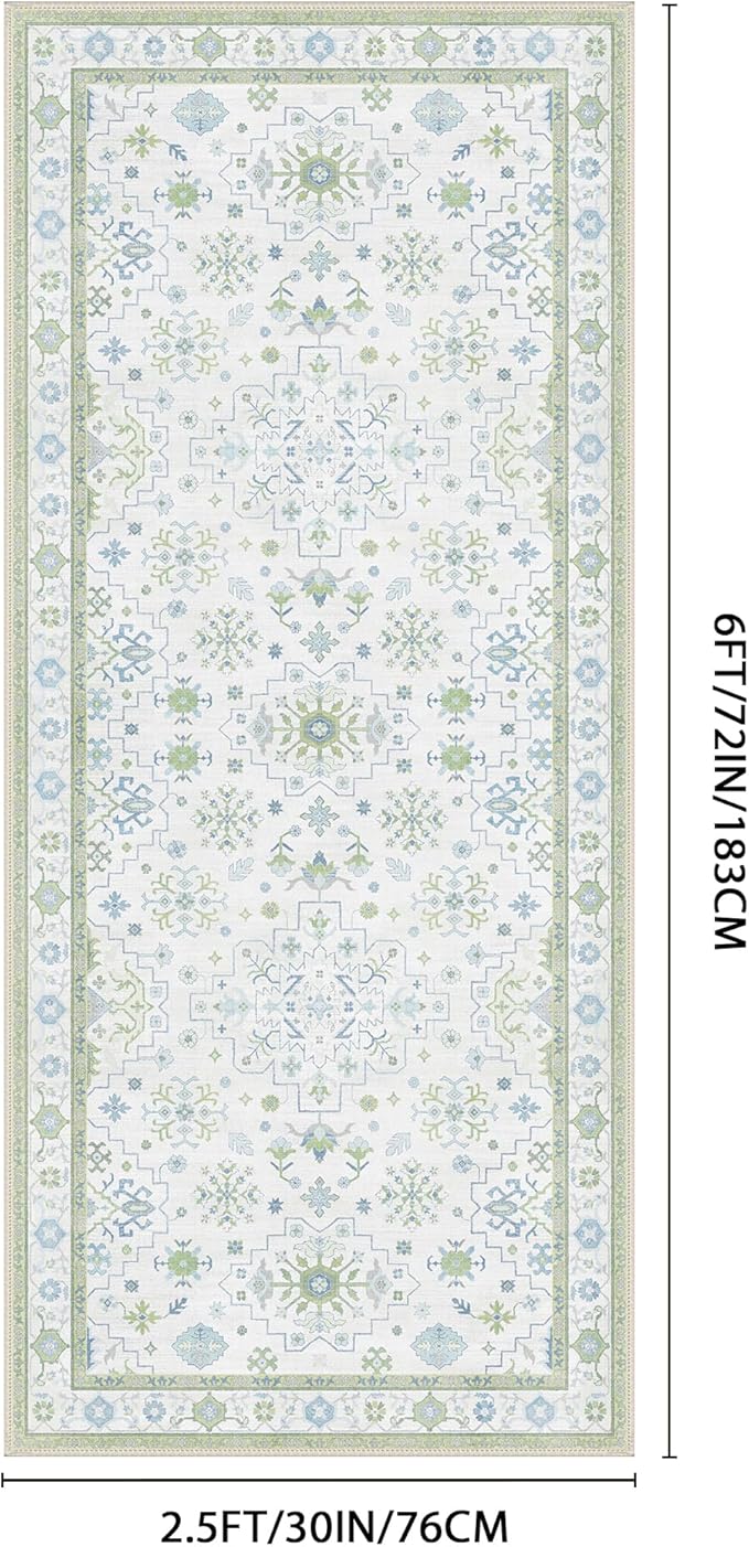 GENIMO 2'6''x6 Runner Rug,Machine Washable Non-Slip Vintage Rugs,Low Pile Lightweight Carpet for Bedroom,Hallway,Entryway,Kitchen,Bathroom,Creamgreen