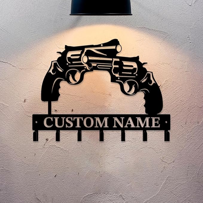 Personalized Custom Name Gun Wall Hooks,Metal Gun Room Art Clothes Hooks,Metal Gun Wall Home Storage Decorative,For Front Door, Hallway, Kitchen, Bedroom,Keys,Hats (Style B)
