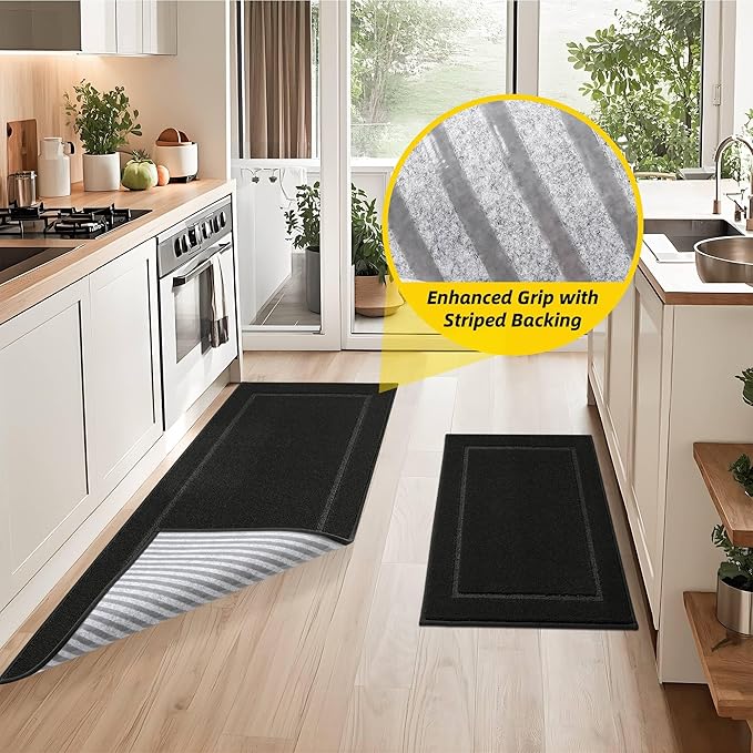 JSEI Non-Slip Kitchen Mats, Self Adhesive No Sliding Kitchen Rugs Set of 2, Washable Absorbent Floor Mat for Kitchen, Bathroom, Laundry Room, Bedroom, 20”x32”+32”x48”, Black, Rectangular Pattern