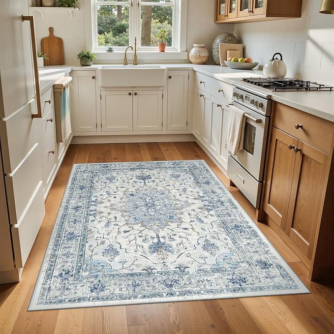 RELEANY Area Rugs 4'x6' Washable Non-Slip, Floral Vintage Distress Print Pattern Medallion Carpet for Living Room Bedroom Dining Room, Light Blue Navy Beige Gray White