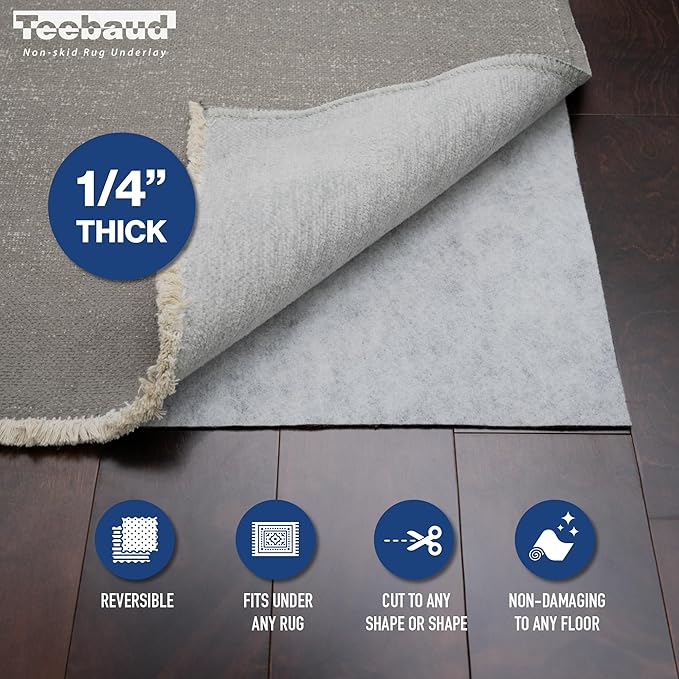 2' x 11' Non-Slip Rug Pad, Reversible Gripper, Non Skid Pads for Hardwood, Vinyl, Tile, Laminate Floors, Keep Area Rugs Secure, Natural Materials Safe for Indoor Flooring, ¼” Thick