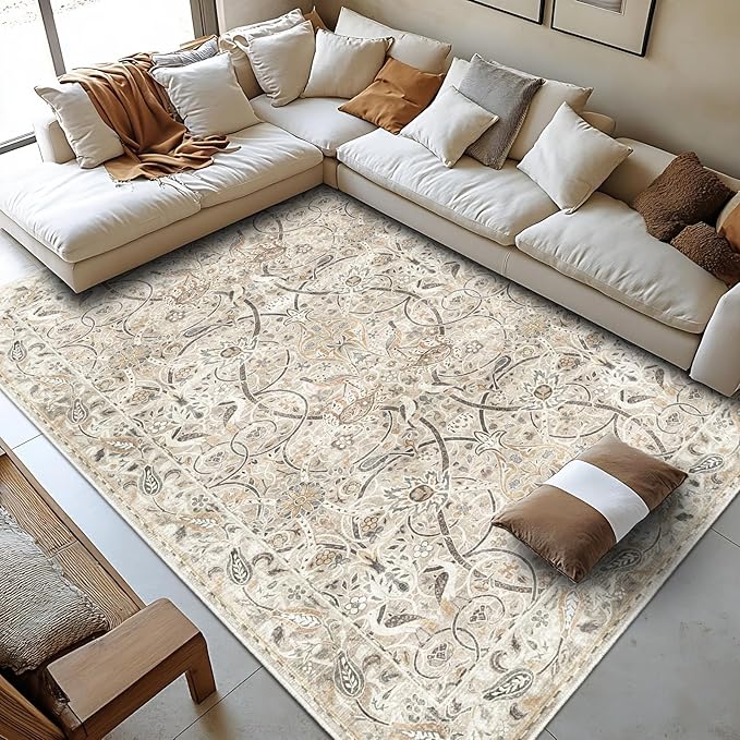 Fortsea 6x9 Beige Area Rug, Machine Washable Non Slip Low Pile Vintage Carpet for Cozy Living Room (6x9, Beige)