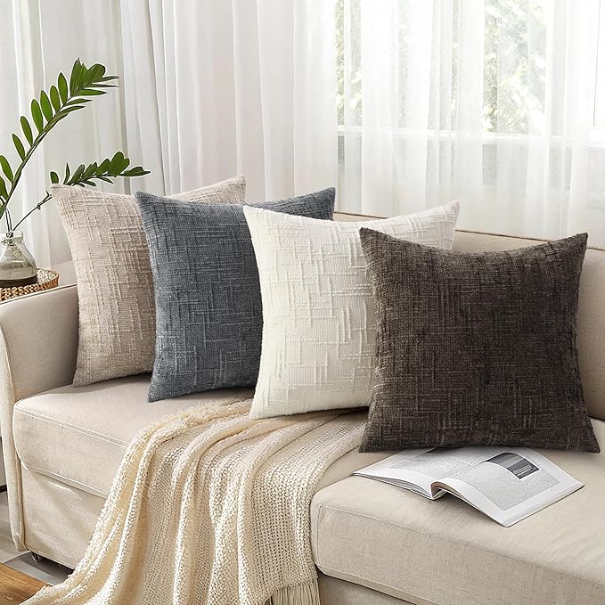 decorUhome Spring Dark Brown Chenille Throw Pillow Covers 18x18 Set of 2 Textured Slubby Couch Pillow Covers Farmhouse Accent Modern Neutral Decorative Pillow Cases for Bed Sofa Living Room