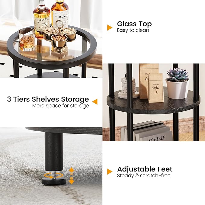 Homeiju Round Side Table with Glass Top, 3-Tier Glass End Table with Adjustable Feet, Bedside Table for Small Space for Living Room, Balcony, Bedroom, Black