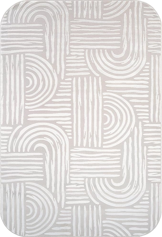 Beverly Rug Modern Geometric Area Rug 4x6 Low-High Pile Durable Soft Abstract Curved Indoor Rugs for Living Dining Room Office Stain Resistant Non Shedding Casual Indoor Carpet Beige White 4 x 6