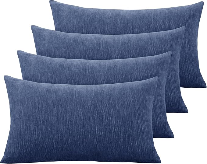 Set of 4 Navy Blue Throw Pillow Covers 12x20 Inch, Neutral Boho Farmhouse Aesthetic Decorative Pillow Cases for Couch, Sofa, Living Room & Bed, Chenille Pillow Cases, Stylish Home Decor, 30x50 cm
