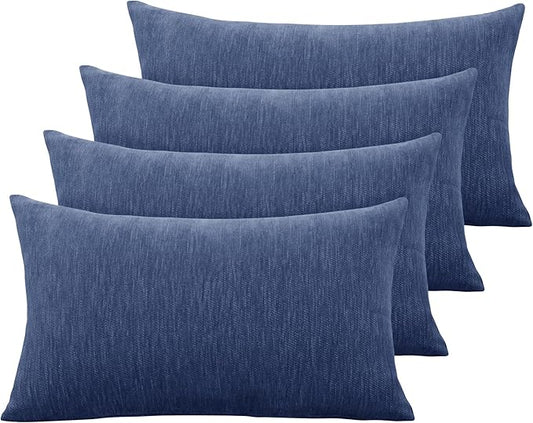 Set of 4 Navy Blue Throw Pillow Covers 12x20 Inch, Neutral Boho Farmhouse Aesthetic Decorative Pillow Cases for Couch, Sofa, Living Room & Bed, Chenille Pillow Cases, Stylish Home Decor, 30x50 cm