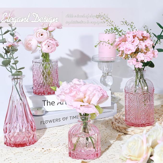 Valentine's Day Pink Glass Bud Vase Set of 24, Small Flower Vases for Centerpieces in Bulk, Mini Vintage Vase for Wedding Decor, and Home Table Décor