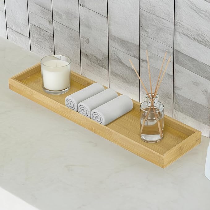 Bam & Boo Natural Bamboo Serving Tray Modern Rectangular (Bamboo, 19.1” x 5.25" x 1.2") for Food, Drinks, Decor, Vanity in Home, Kitchen, Bathroom, Coffee Table, Bed