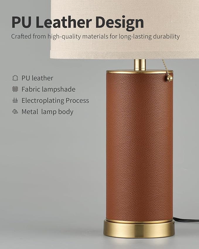 KDG 23.4" Brown PU Leather Table Lamps for Living Room Set of 2, 3 Level Brightness LED Modern Home Decor Fabric Lampshade Desk Lamp Lighitng for Bedroom, Bedside, Farmhouse, Nightstand, Night Light