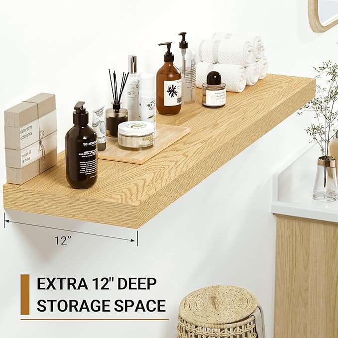 Vivelove 12 Inch Deep Floating Shelves 23.6 inch Long, Thick Wall Shelves with Invisible Brackets, for Bedroom Bathroom Living Room Kitchen Office, Rustic Farmhouse Decor, 23.6x12x1.5 Set of 2, Oak