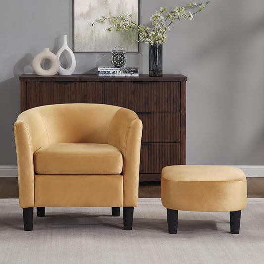 FLEXISPOT Accent Barrel Chair with Ottoman, Modern Comfy Armchair, Upholstered in Velvet, Reading Chair with Footrest, Contemporary Lounge for Living Room Bedroom Reading Room (Yellow)
