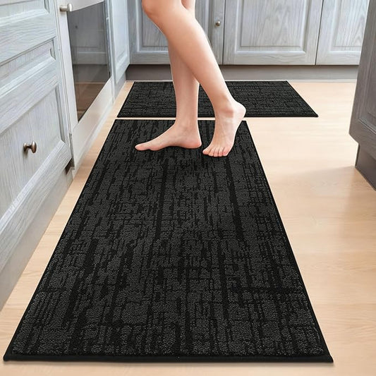 COSY HOMEER Kitchen Rugs 20"x32"+20"x48",Absorbent Soft Kitchen Mats for Floor,Non Slip Kitchen Runner Rug,Washable Kitchen Floor Mats for Sink Mat,Hallway,Laundry,Black