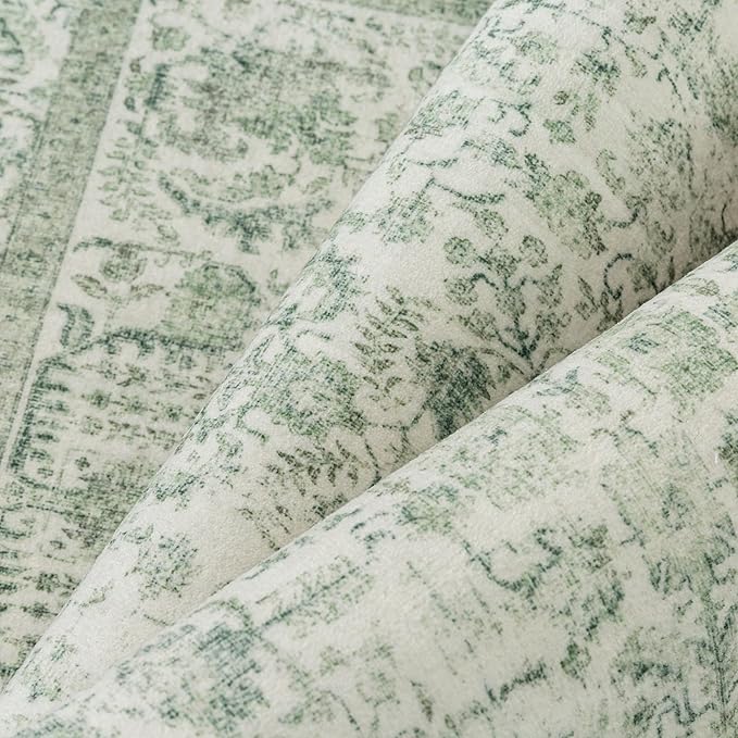 PureCozy Sage Green Area Rug 3x4 Washable Office Entryway Carpet Vintage Distressed Non Slip Kitchen Indoor Entry Neutral Low Pile Retro Floral Farmhouse Throw Mat for Laundry Dining Room Bedroom
