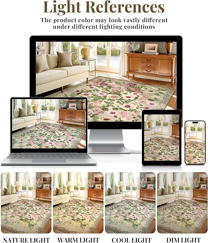 AREAMAY Floral Washable 5x7 Area Rugs - Living Room Rug Non Slip Low Pile Stain Resistant Carpets Indoor Vintage Flower Print Rug for Bedroom Dining Room Kitchen Home Office, Brown