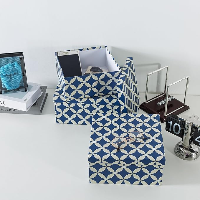Soul & Lane Set of 3 Decorative Boxes with Lids, Square 11" x 11" Nesting Cardboard Storage for Home Décor in Blue and Cream, Keepsake and Memory Boxes for Organizing, Mosaic Navy