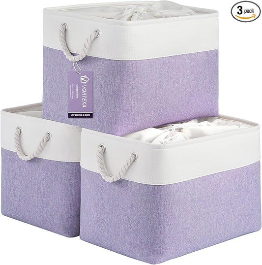 Large Storage Baskets- 16x12x12 inch Storage Bins for Shelves and Closet Organizing, Foldable Fabric Bin for Home Organization Clothes and Laundry (3-Pack, White&Purple)