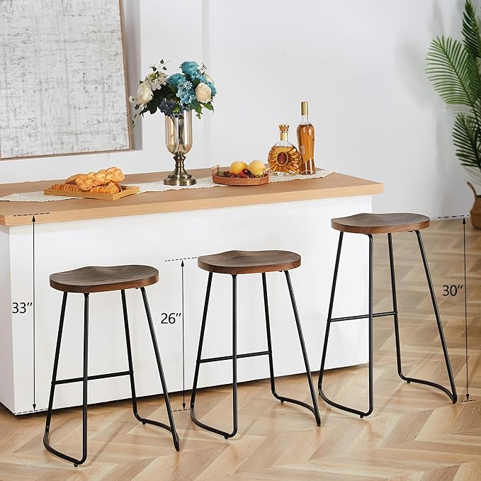 HeuGah Barstools Set of 2, 26" Wood Counter Height Bar Stools, Rustic Backless Bar Stools for Kitchen Island, Bar Chairs with Wood Saddle Seat (Brown, 2 PCS 26Inch Counter Chair)
