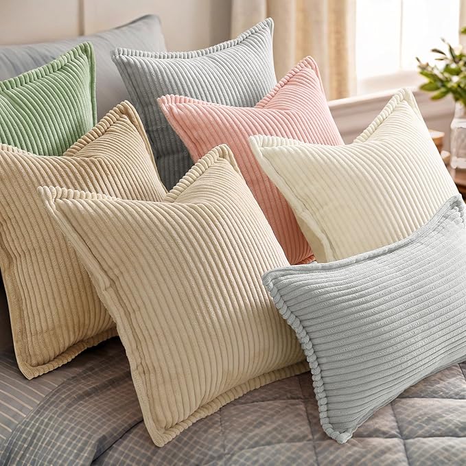 decorUhome Spring Corduroy Beige Throw Pillow Covers 18x18 Set of 2 Decorative Soft Boho Farmhouse Couch Pillow Covers for Living Room Bed Sofa Broadside Striped Pillow Cases