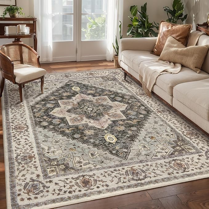 Tangsoo 3x5 Area Rug Vintage Washable Rugs Non Slip, Farmhouse Rugs Indoor Accent Rug Print Distressed Grey Carpet, Soft Low Pile Rug for Living Room Bedside Entryway Bedroom