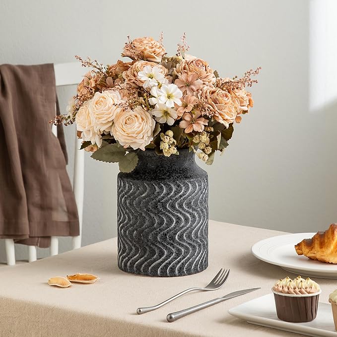 Rustic Vases for Home Decor. Ceramic Vase for Dining Table Decor. Terracotta Decorative Vase - 7.8inch Black Vintage Fall Flower Vase - Rustic Table Vases